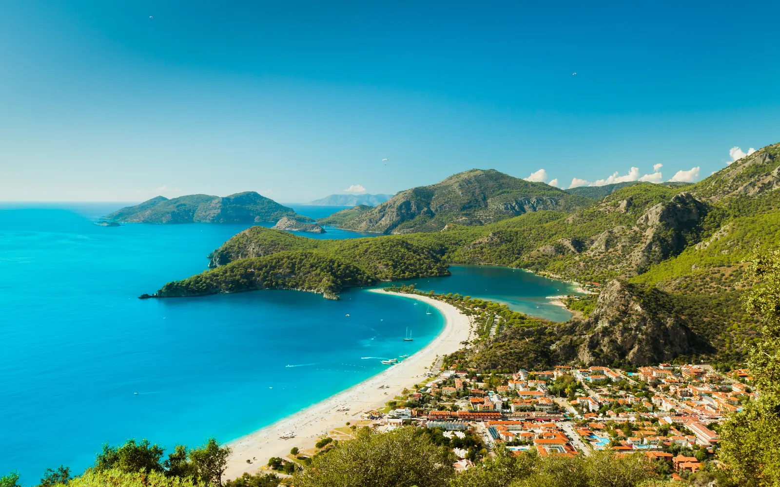 The lagoon and long beach at Ölüdeniz seen from the hills above