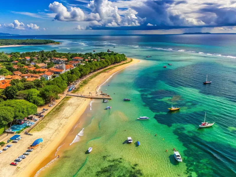 The reef-sheltered beach and boats at Sanur from above