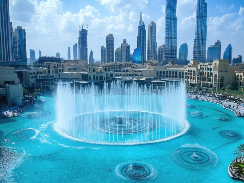 The Dubai Fountain in full flow beside the lake in daylight
