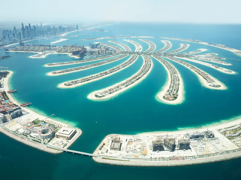 The Palm Jumeirah from the air, its fronds reaching into the sea