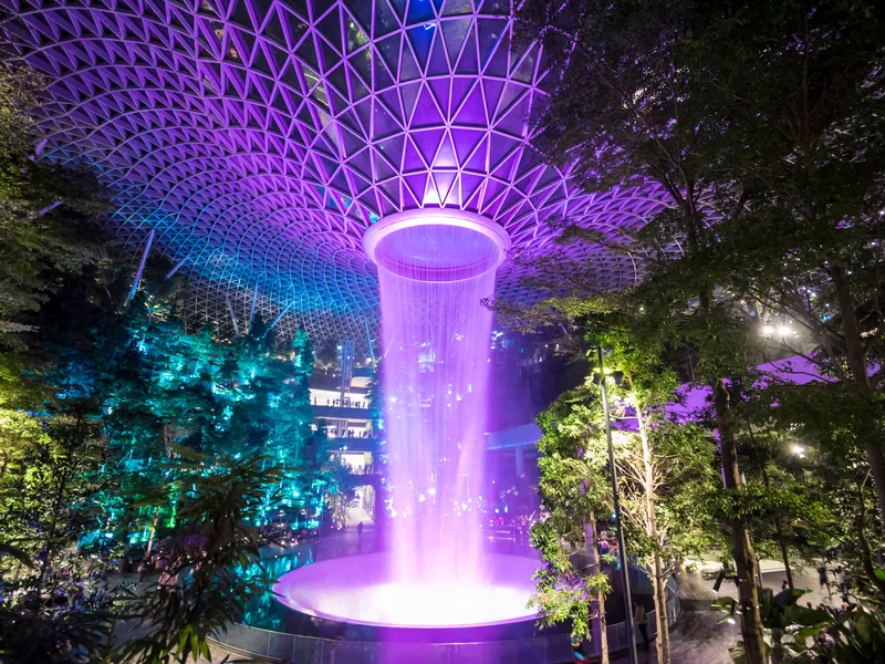 The tall indoor waterfall inside the Cloud Forest dome
