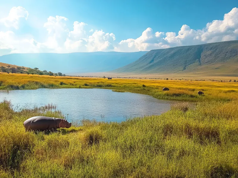 A hippo in a pool on the crater floor with the escarpment behind