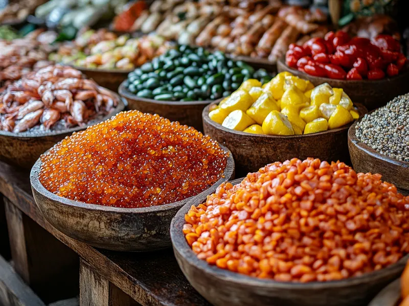 Bowls of brightly coloured spices and dried goods at a market stall