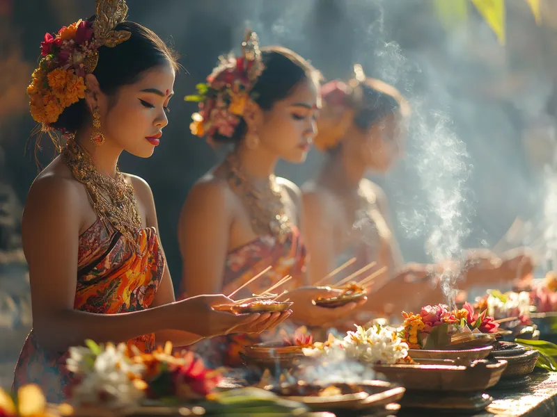 Offerings of flowers and incense laid out at a Balinese ceremony